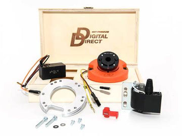 MVT Zündung für einen MBK 6 Gang Motor. Digitaler Stator in orange mit Montageplatte, Innenrotor, Zündspule und CDI. Verpackt in Holzkiste.