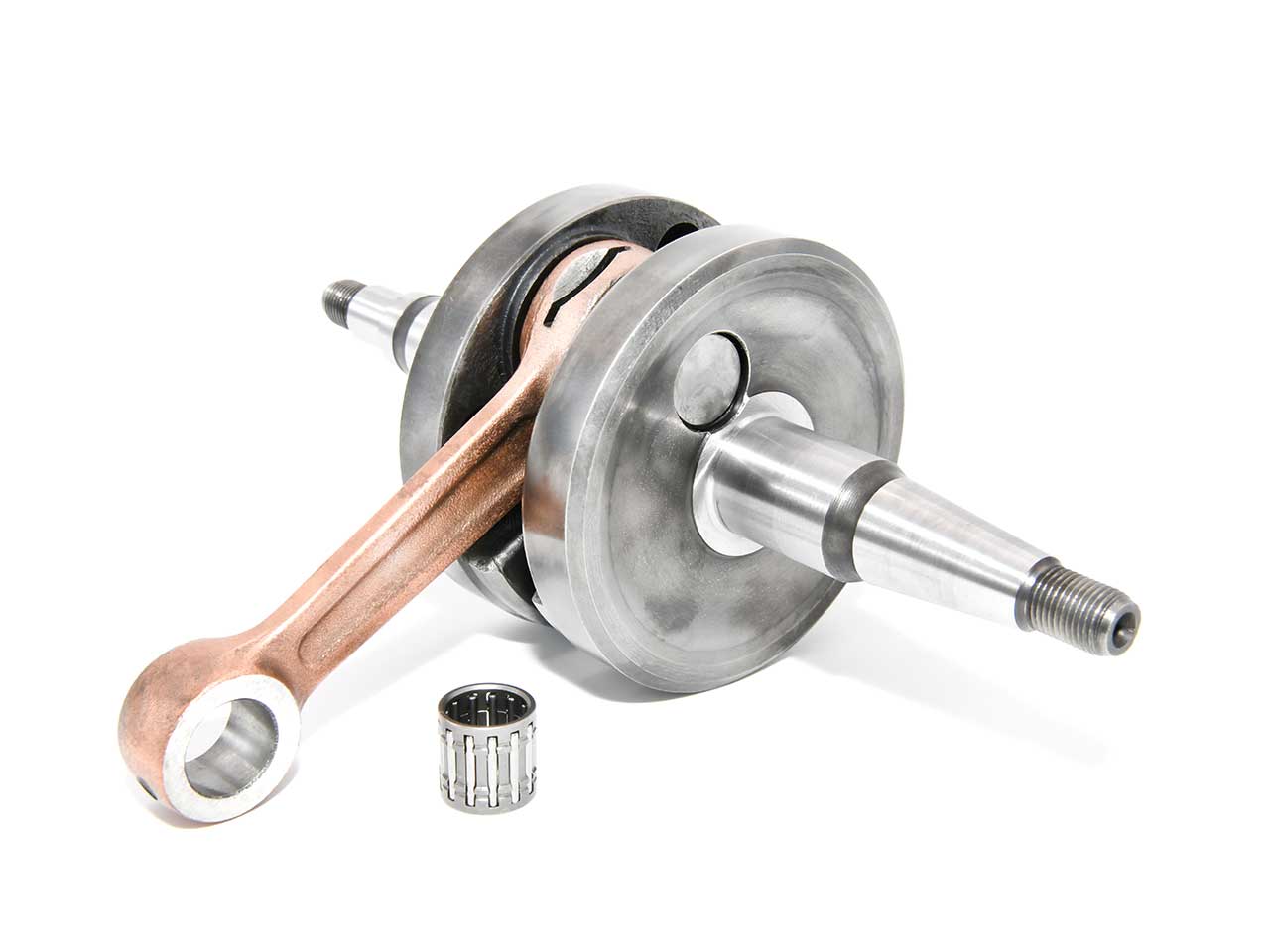 Barikit Kurbelwelle für einen Derbi Senda Motor. Eine Pleuelstange mit Hubzapfen und ein Nadellager.