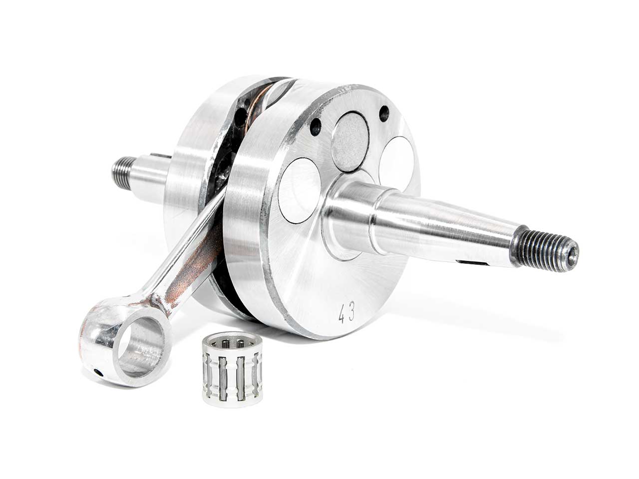 Barikit Kurbelwelle für einen AM6 Moped Motor. Eine Pleuelstange mit Hubzapfen und ein Nadellager.