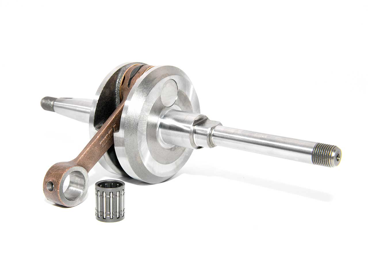 Barikit Kurbelwelle für einen Peugeot 103 SPX Motor. Eine Pleuelstange mit Hubzapfen und ein Nadellager.